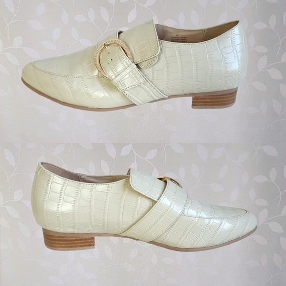 Bared Footwear Croc Embossed Leather Loafers Cream White Gold Buckle Size 40 - Picture 8 of 15